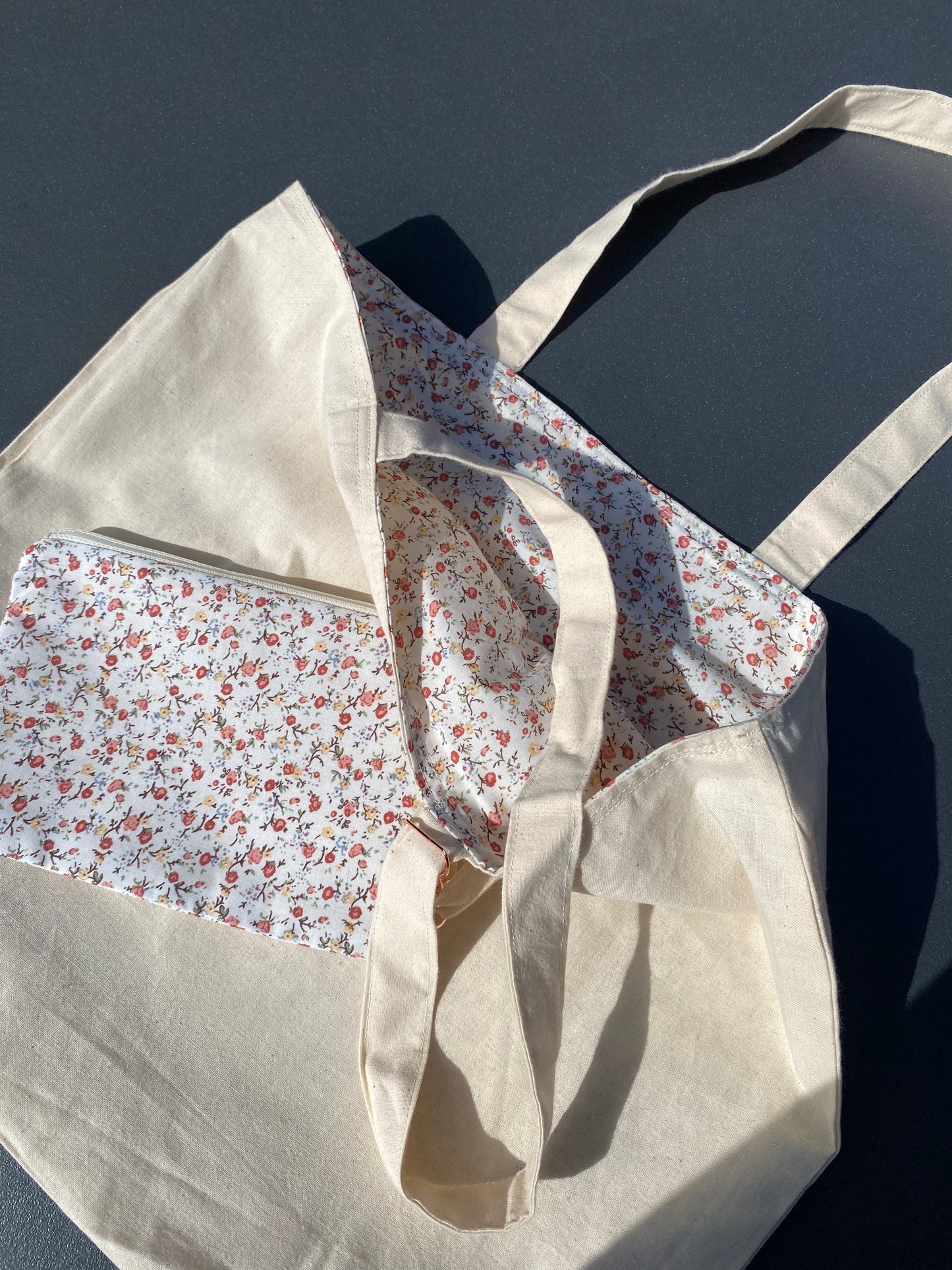 Cream/Floral Reversible Tote Bag