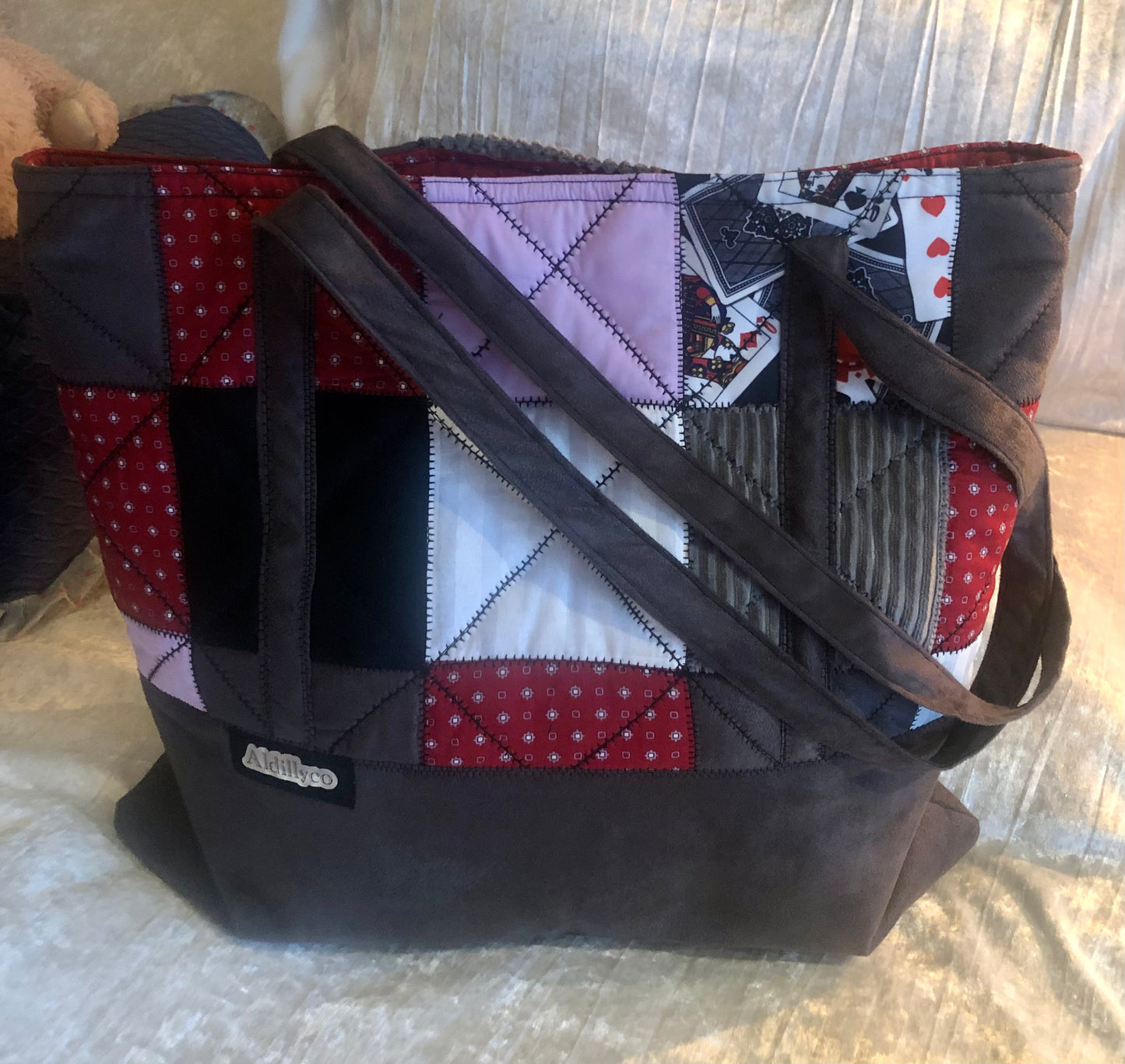 Grey & Red Patchwork Tote Bag