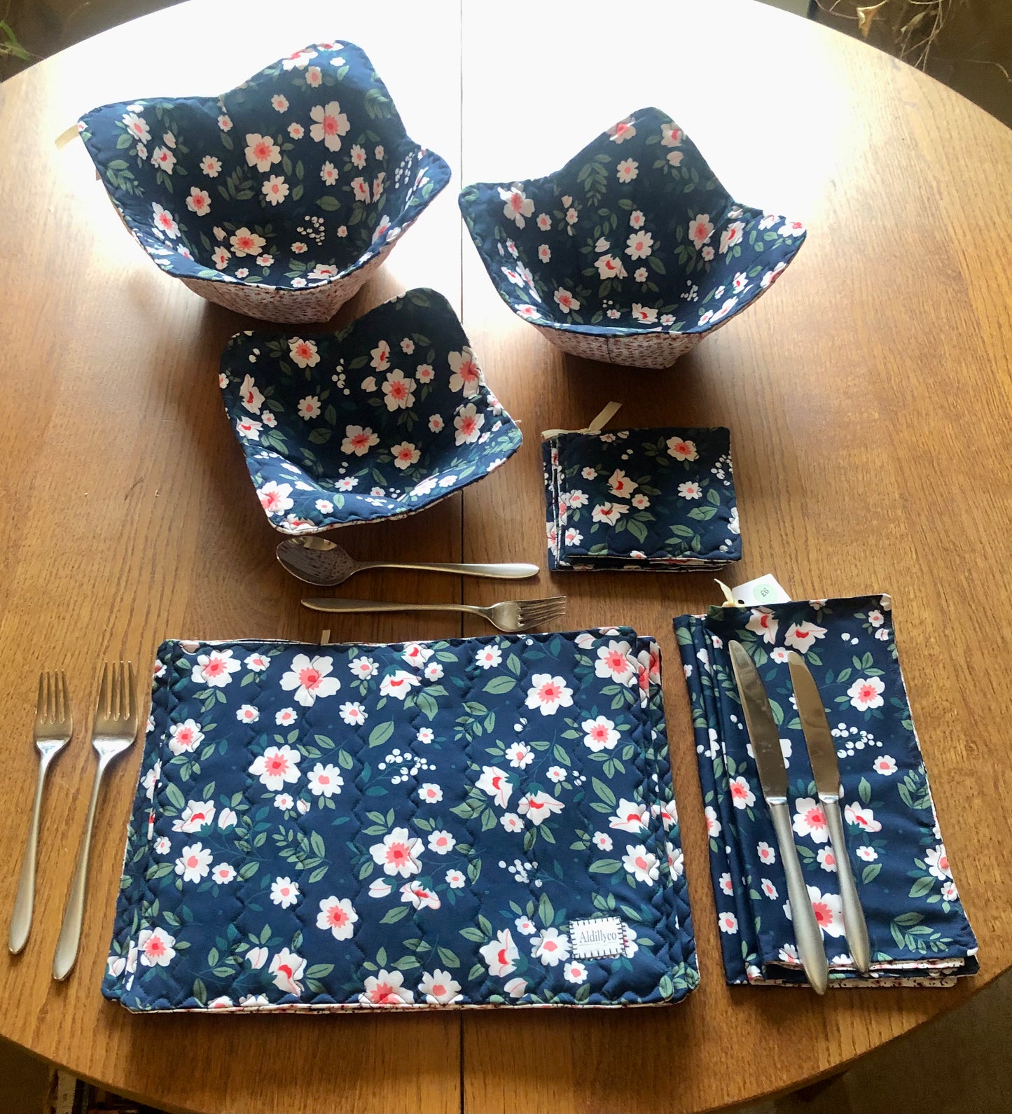 Set Of Four Reversible Coasters – Navy Flora/Pink Ditsy Prints