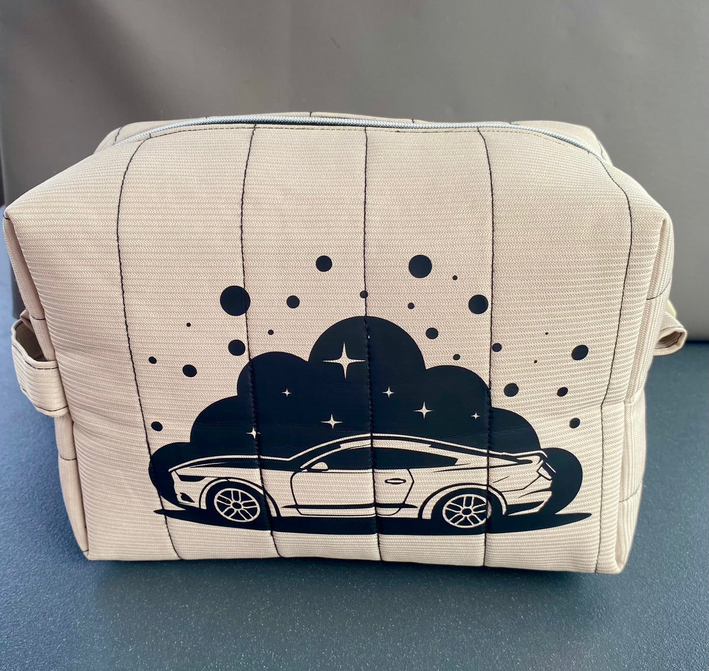 Handmade Toiletry & Cosmetic Bag – Beige Sports Car Design