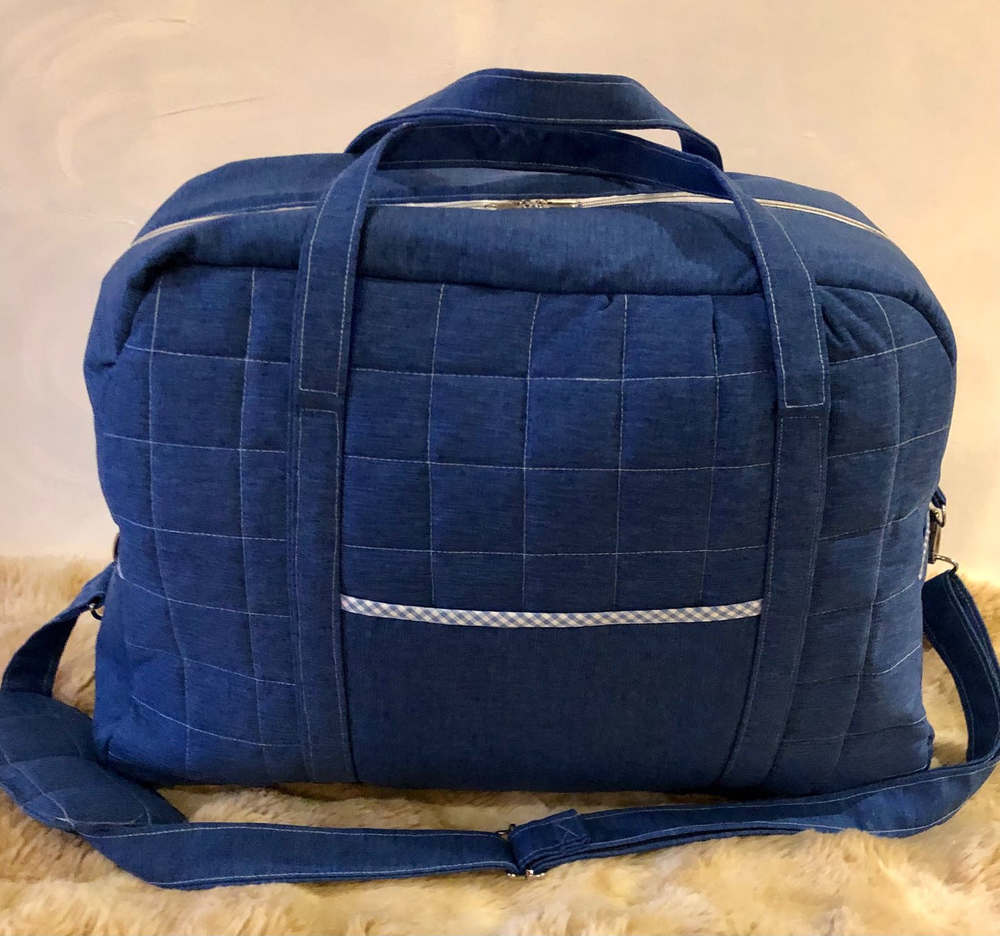 Denim Blue & strawberry Print Weekend Bag