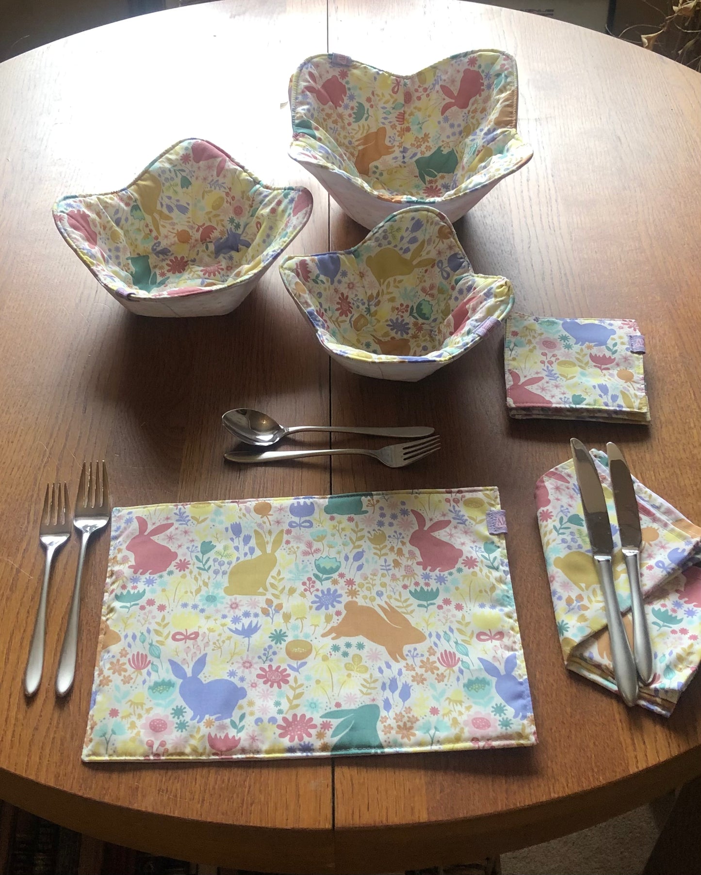 Set Of Four Reversible Napkins – Spring Bunnies/Polka Dot