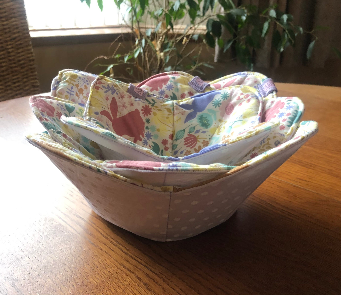 Set Of Three Reversible Bowl Cosies – Spring Bunnies/Polka Dot