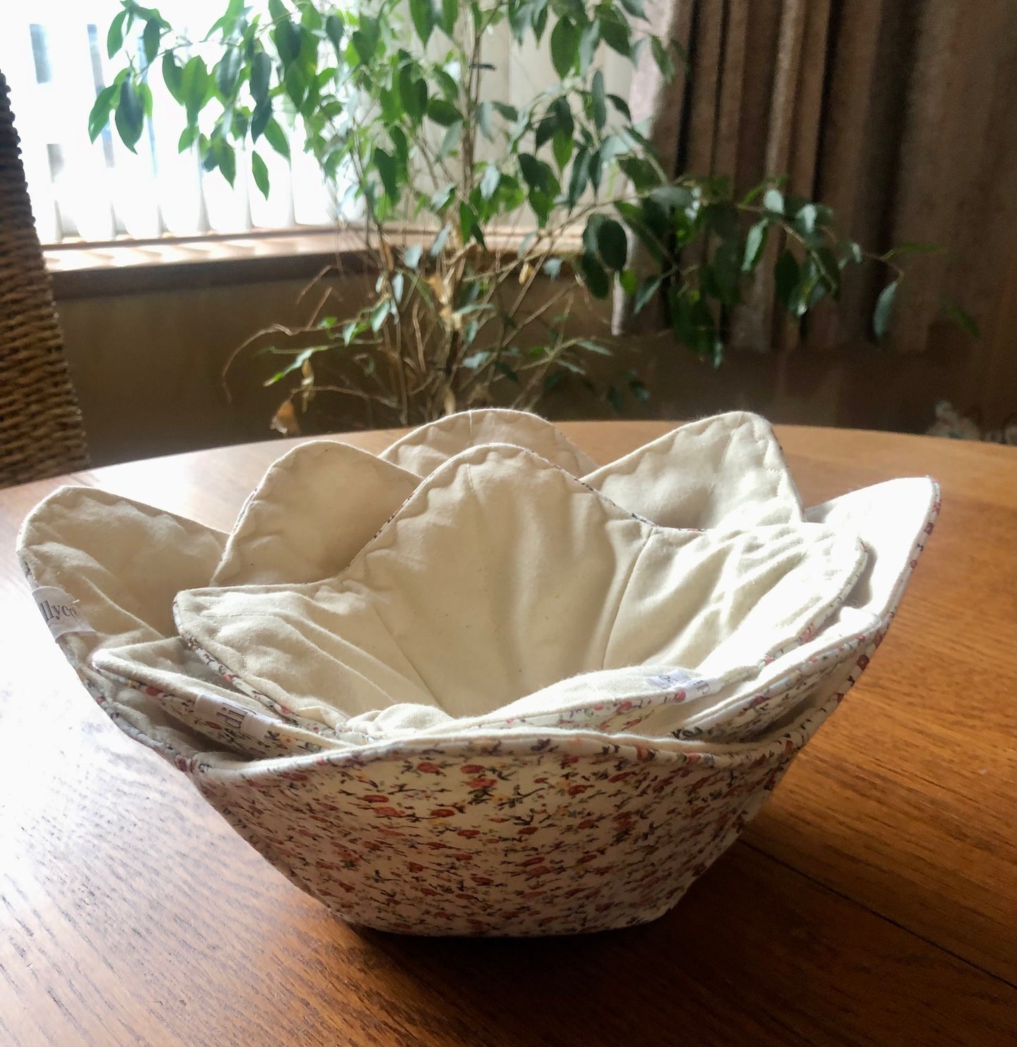 Set Of Three Reversible Bowl Cosies – Autumn Ditsy Print/Beige Cotton Canvas