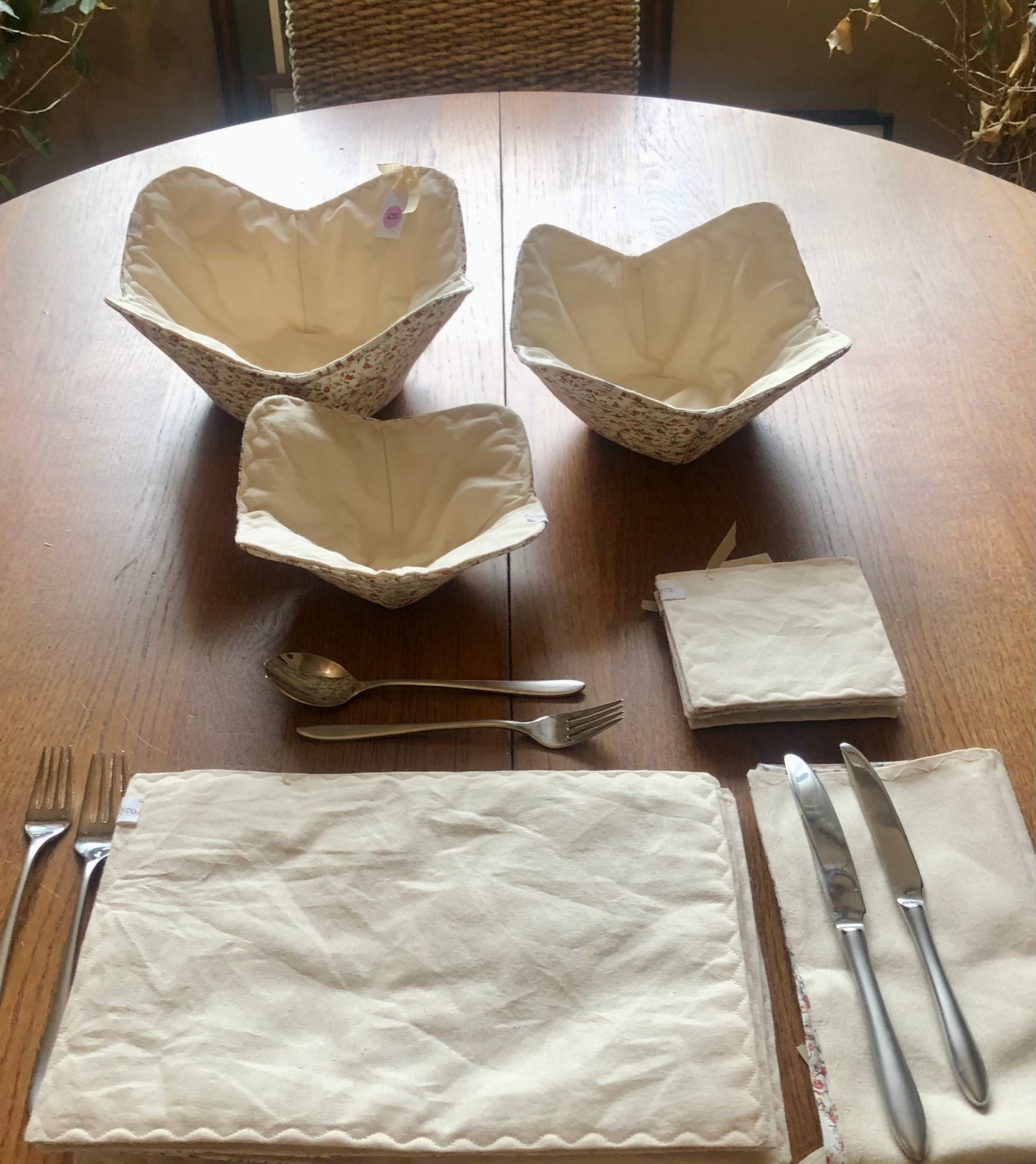 Set Of Three Reversible Bowl Cosies – Autumn Ditsy Print/Beige Cotton Canvas