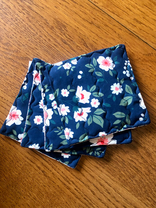 Set Of Four Reversible Coasters – Navy Flora/Pink Ditsy Prints