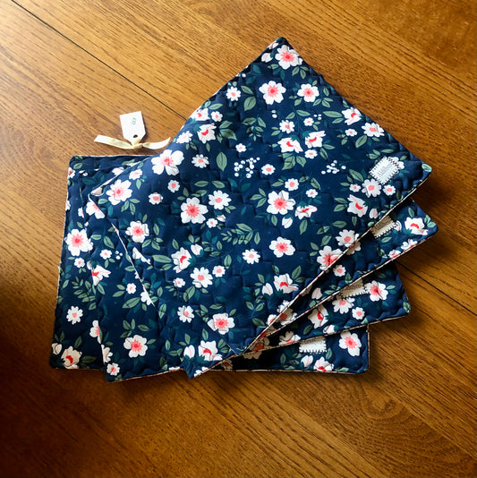 Set Of Four Reversible Place Mats – Navy Flora/Pink Ditsy Prints