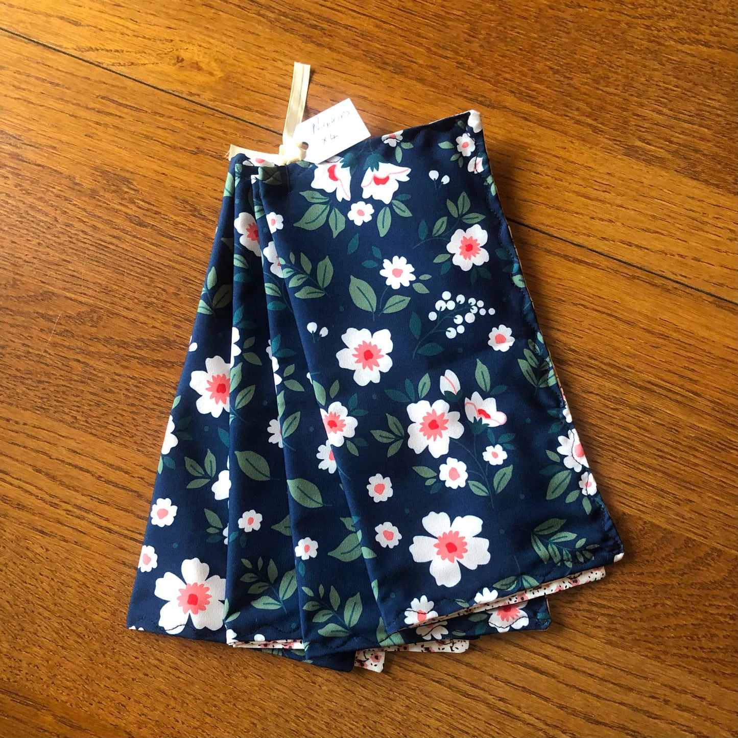 Set Of Four Reversible Napkins – Navy Flora/Pink Ditsy Prints