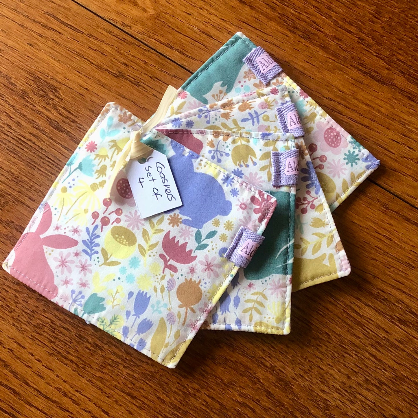 Set Of Four Reversible Coasters – Spring Bunnies/Polka Dot