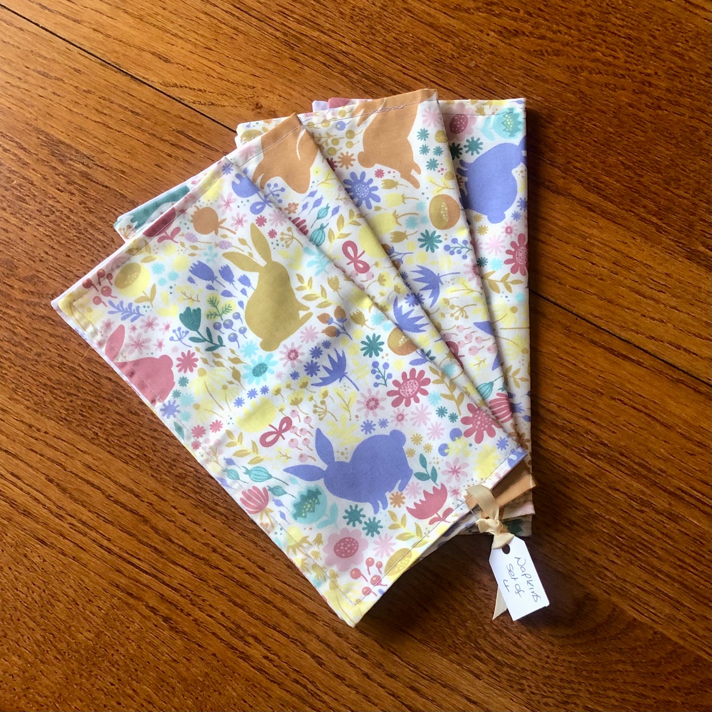 Set Of Four Reversible Napkins – Spring Bunnies/Polka Dot