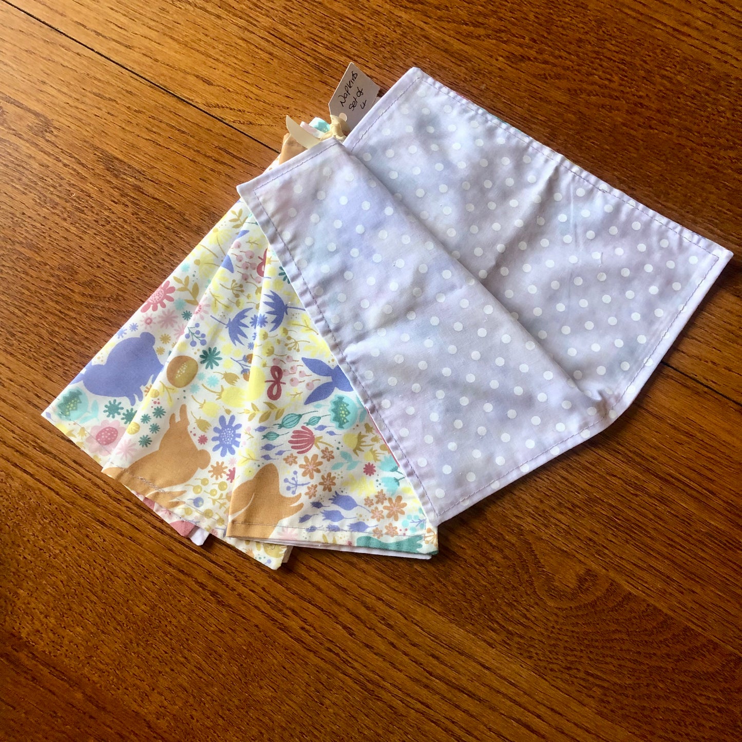 Set Of Four Reversible Napkins – Spring Bunnies/Polka Dot