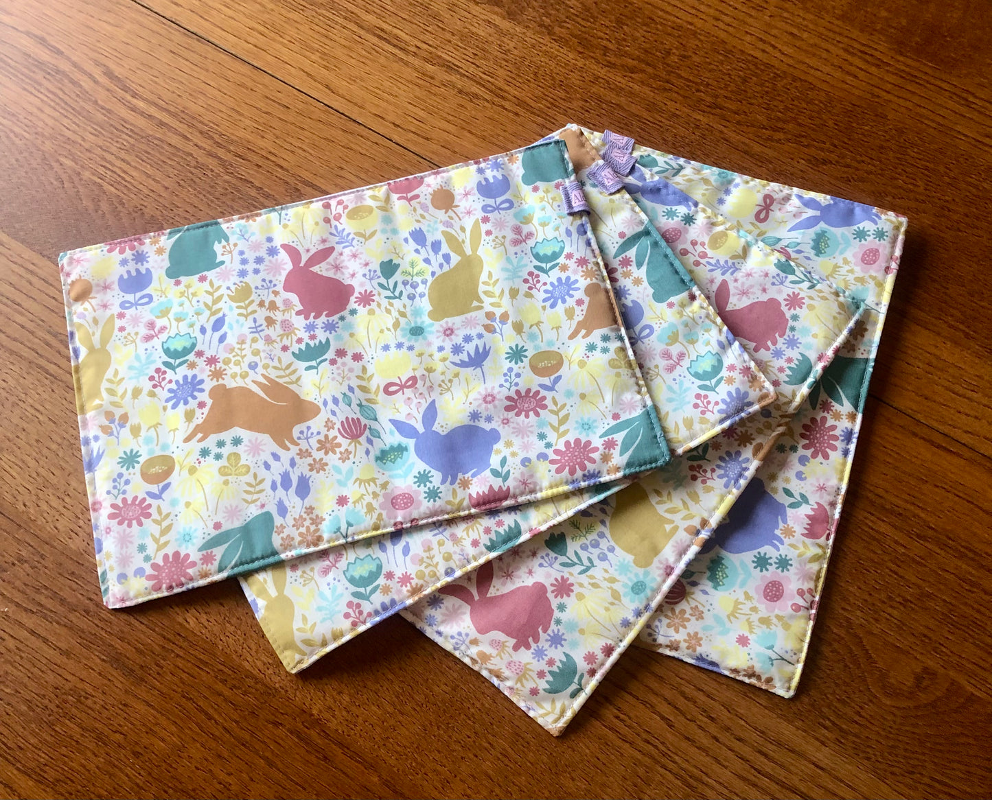 Set Of Four Reversible Place Mats – Spring Bunnies/Polka Dot